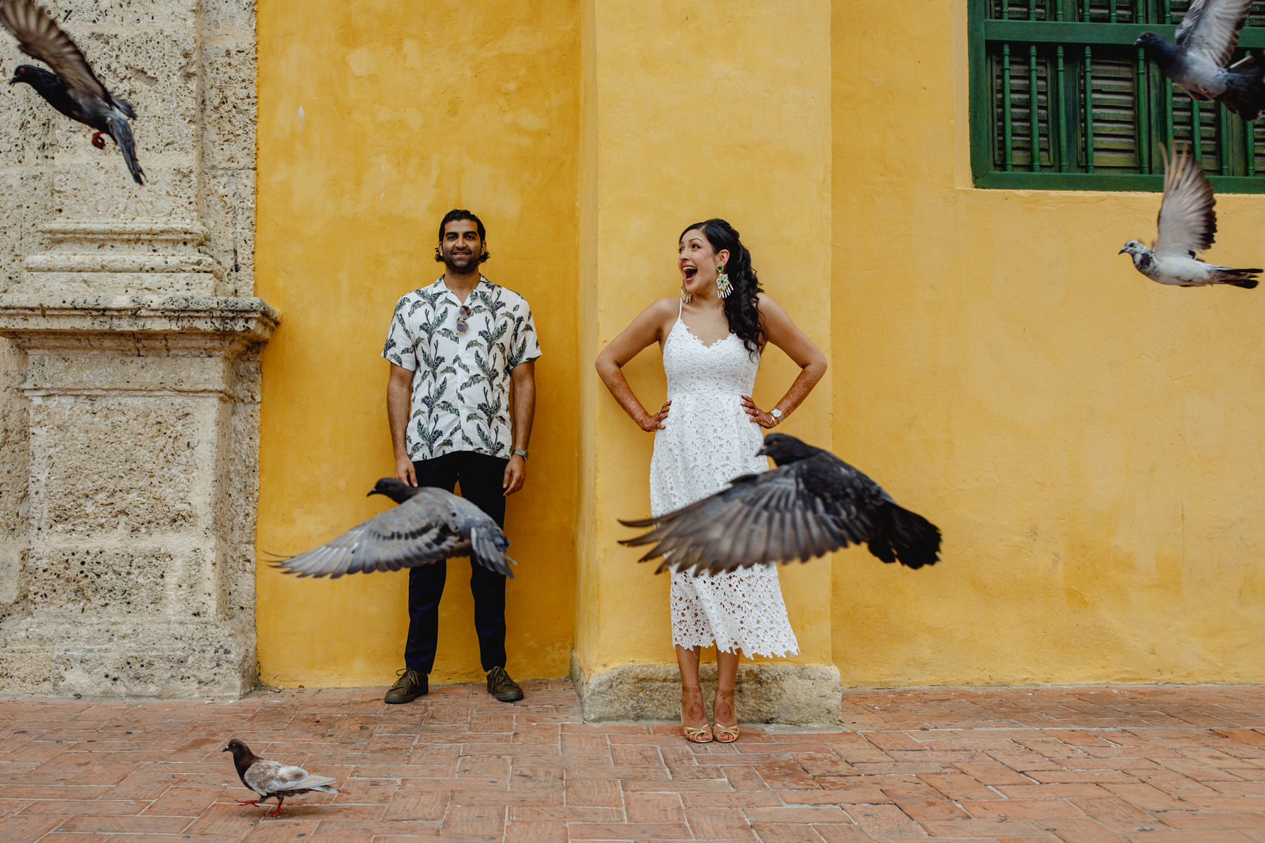 Bride and groom in Cartagena during their pre wedding photo session before the welcome party starts.