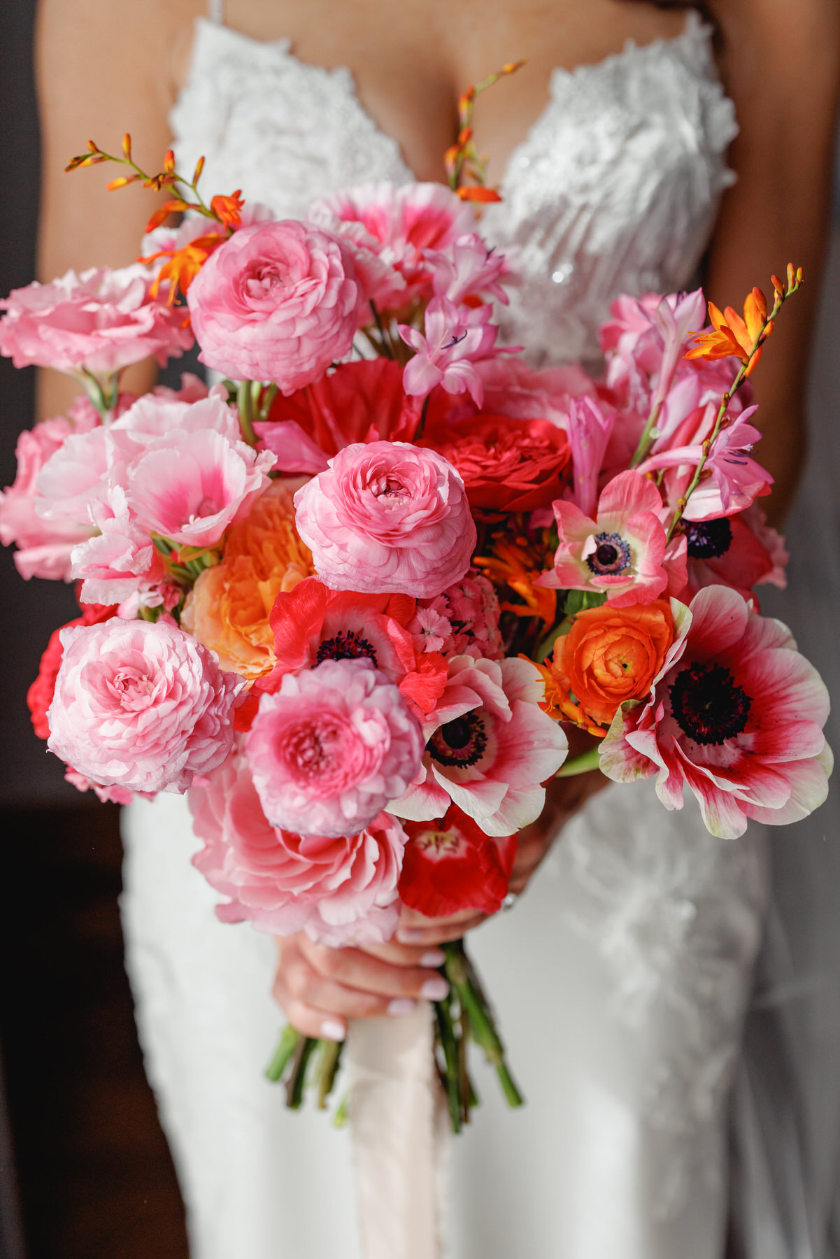 Colorful bridal bouquet in pink tones